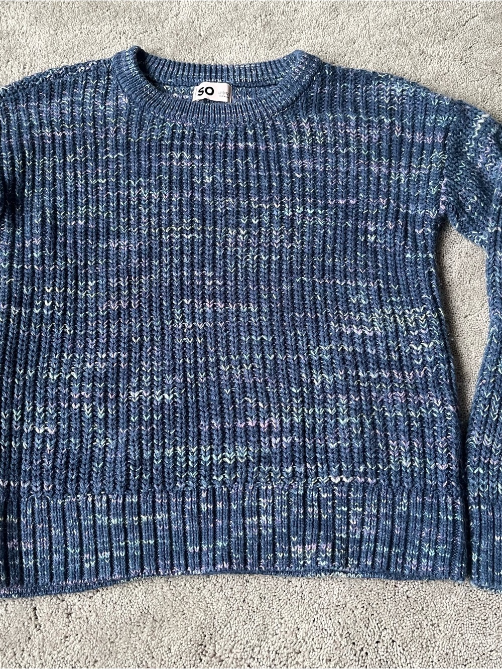 SO Blue Marled Ribbed Crewneck cable Knit Sweater - Girls Youth L 10-12